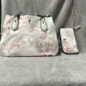 White with blush, flowers, Vera Wang, purse, and wallet